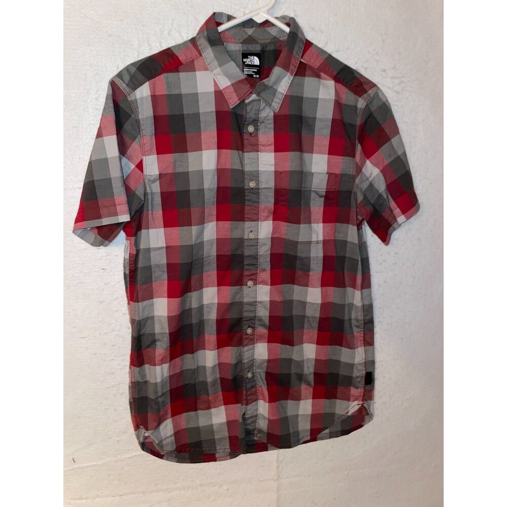 The North Face Mens Button Down Shirt M Short Sleeve Red Gray Plaid
